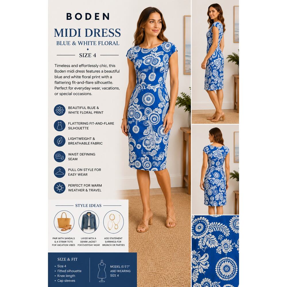 Boden Midi Dress Blue White Floral Knee Length Cap Sleeve SZ 4